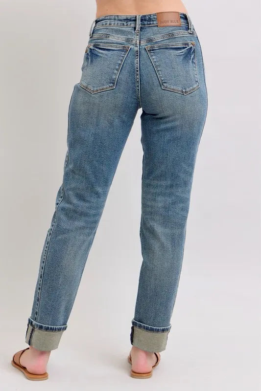 Judy Blue Full Size Mid Rise Vintage Wash Double Roll Cuff Boyfriend Jeans Plus Size OutfitFlow