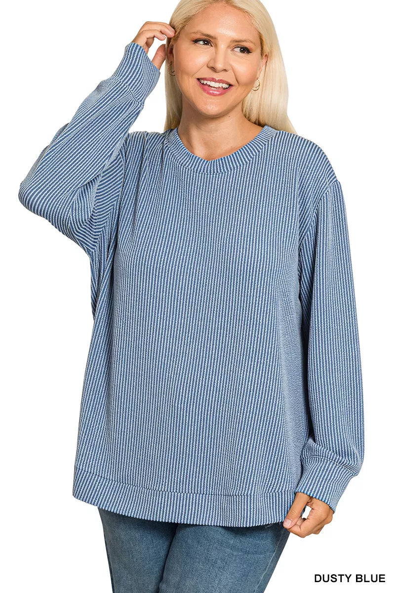 Zenana Full Size Raised Rib Round Neck Long Sleeve Top Plus Size OutfitFlow