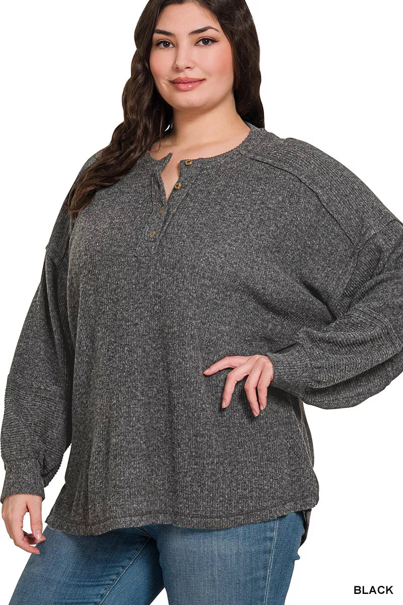 Zenana Full Size Ribbed Brushed Hacci Melange Henley Sweater Plus Size Trendsi
