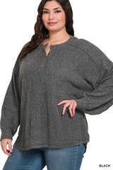 Zenana Full Size Ribbed Brushed Hacci Melange Henley Sweater Plus Size Trendsi