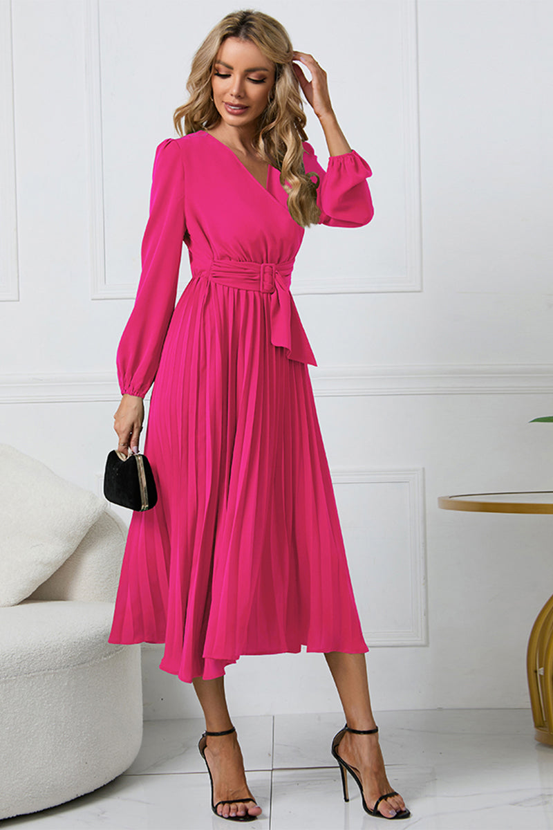 Outfit Flow - V-Neck Long Sleeve Tie Waist Midi Dress