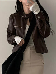 Cropped Zip Up Leather Jacket Trendsi