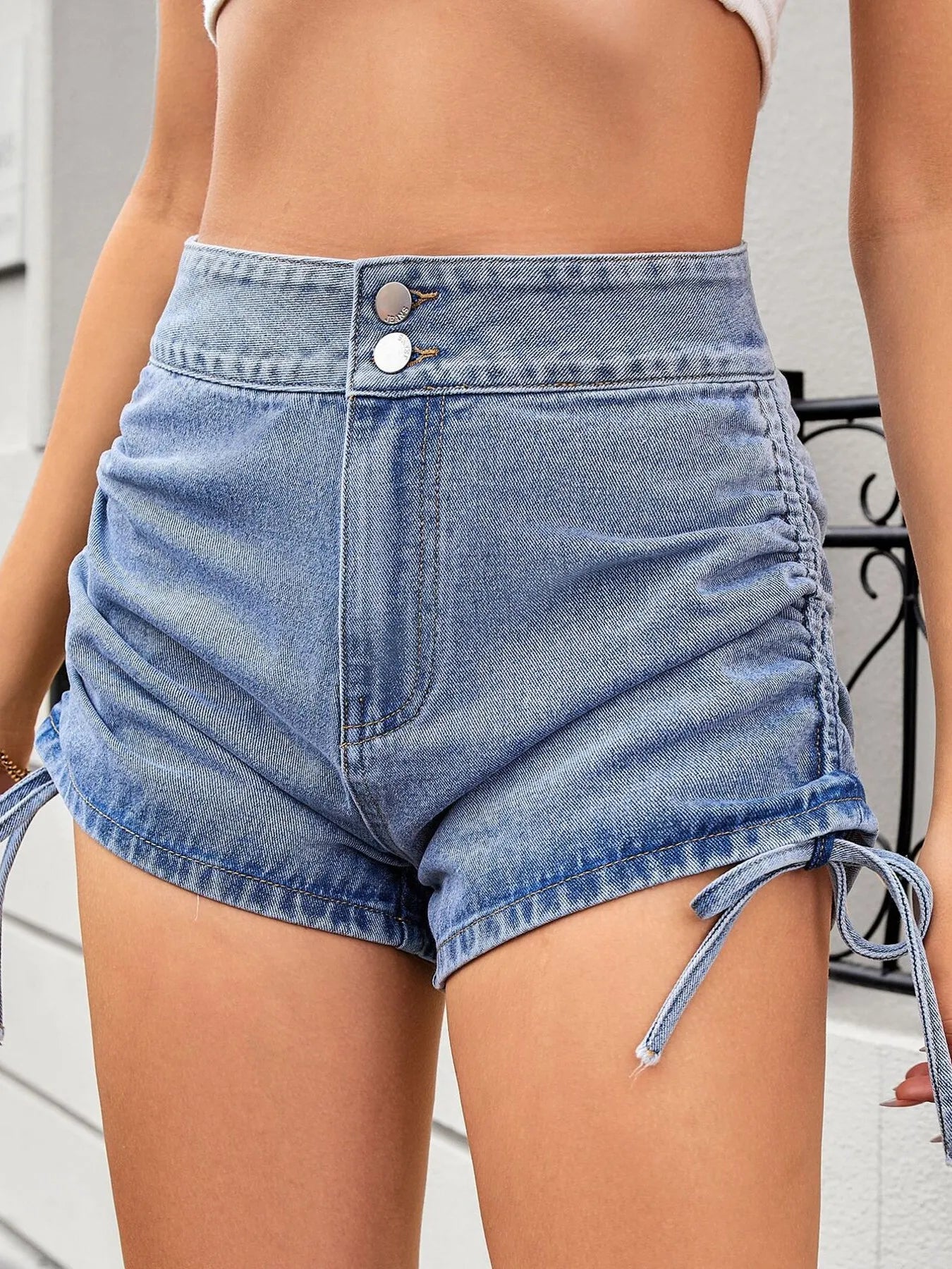 Ruched Side Drawstring Denim Shorts OutfitFlow