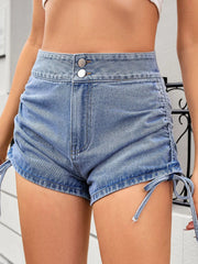 Ruched Side Drawstring Denim Shorts OutfitFlow