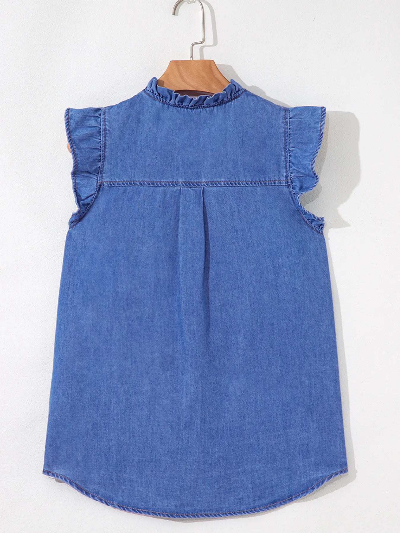Mineral Wash Cap Sleeve Frilled Button Up Denim Shirt OutfitFlow