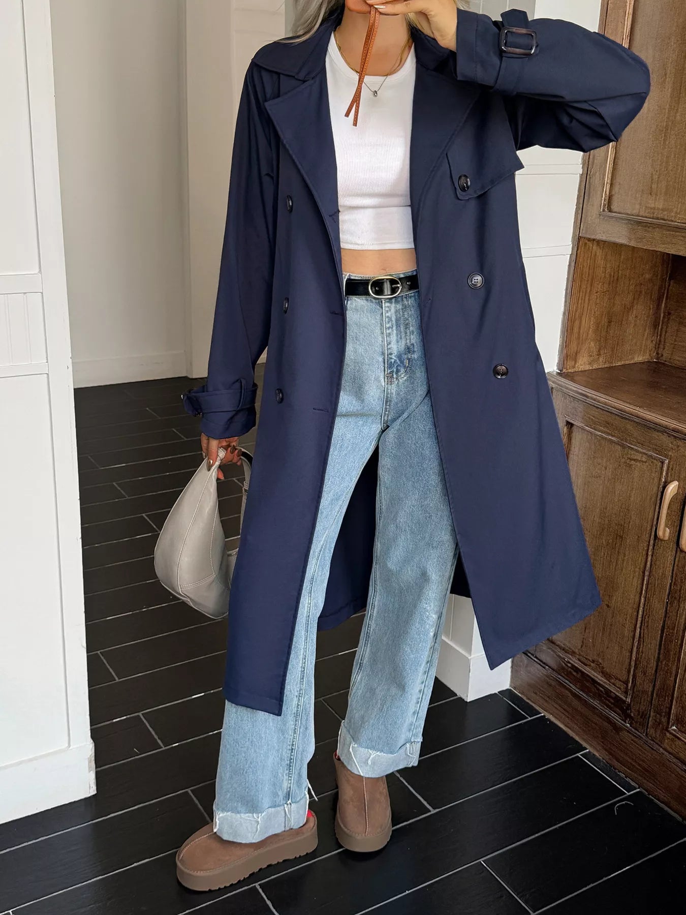 Double-Breasted Belted Trench Coat Trendsi