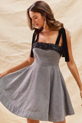 SO ME Houndstooth Fit Flare Mini Dress with Shoulder Tie BLACK OutfitFlow