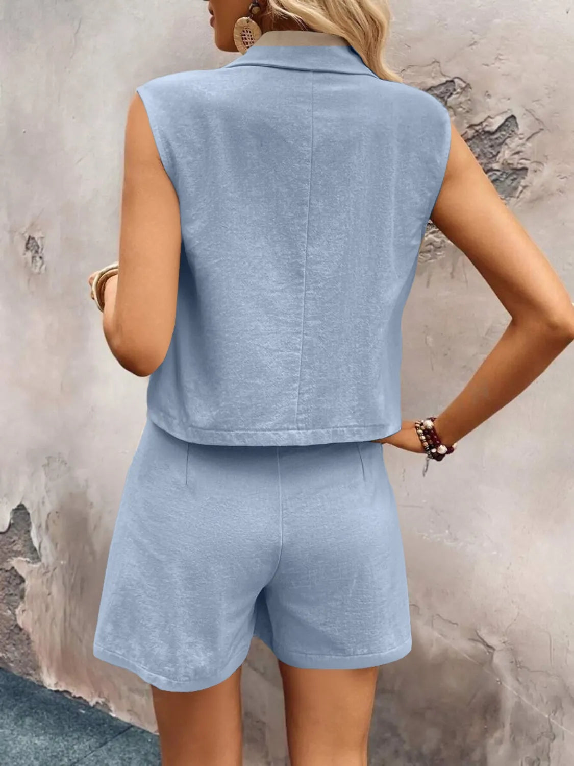 One Button Sleeveless Top and Shorts Set OutfitFlow