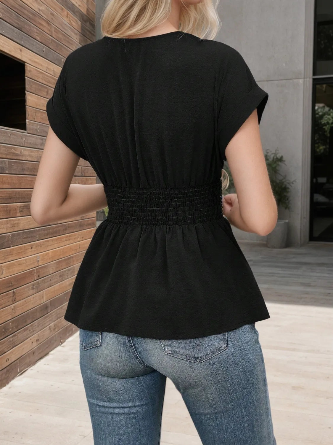 Surplice Short Sleeve Blouse OutfitFlow