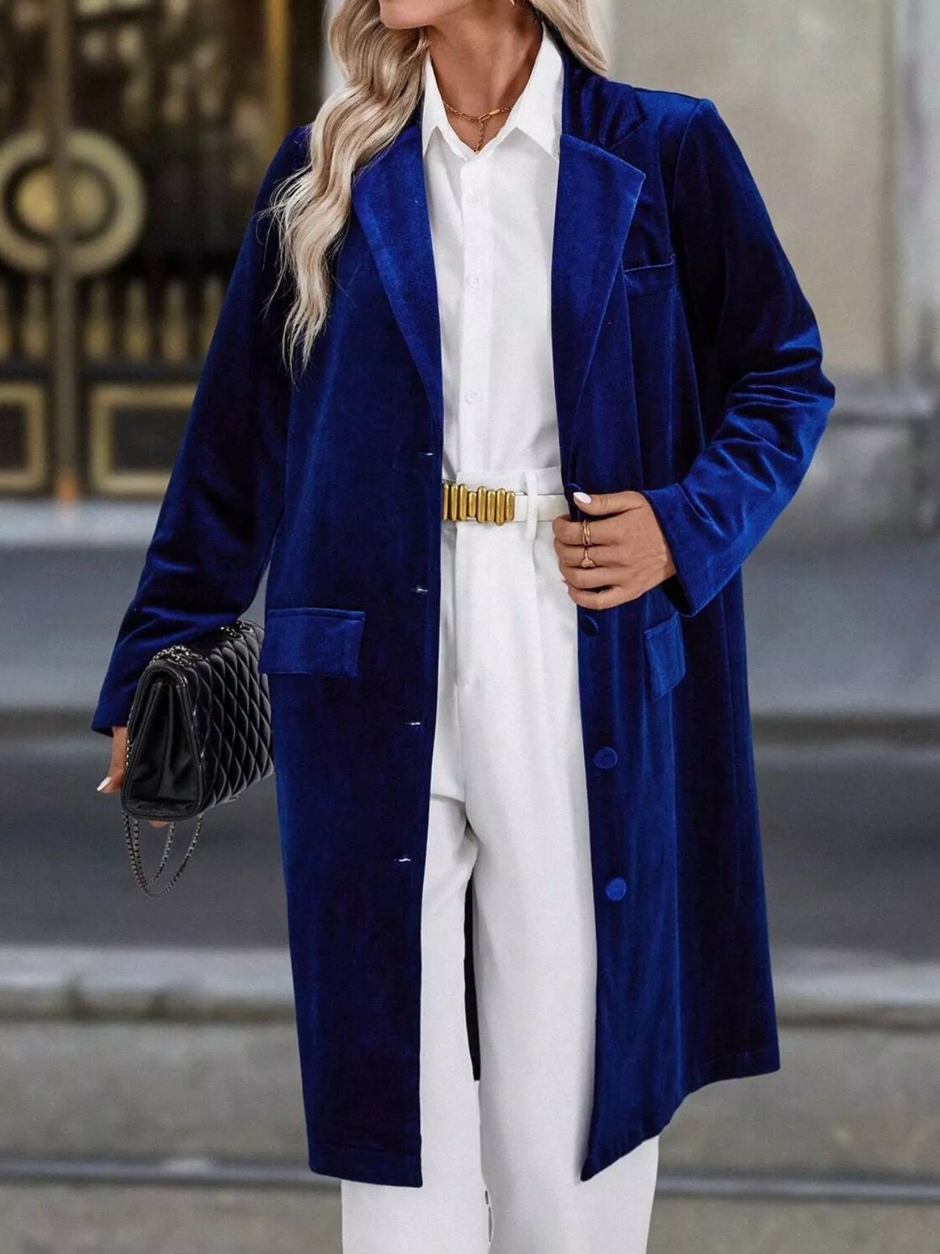 Lapel Collar Long Sleeve Longline Coat OutfitFlow