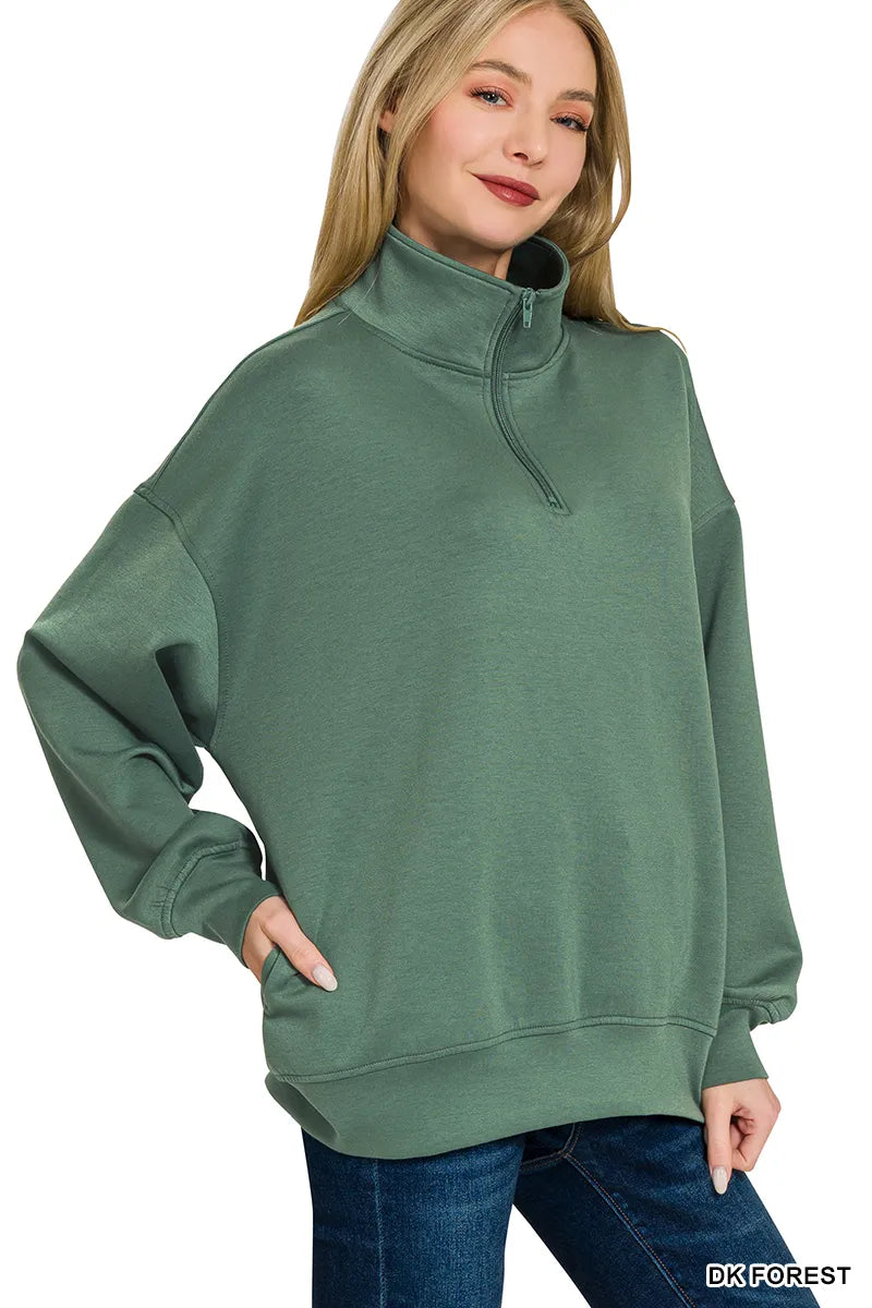 Zenana Scuba Quarter-Zip Sweatshirt DK FOREST Trendsi