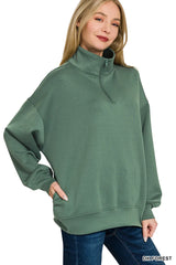 Zenana Scuba Quarter-Zip Sweatshirt DK FOREST Trendsi