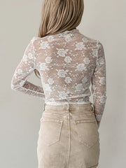 Sheer Floral Lace Mesh Mock Neck Long Sleeve Top OutfitFlow