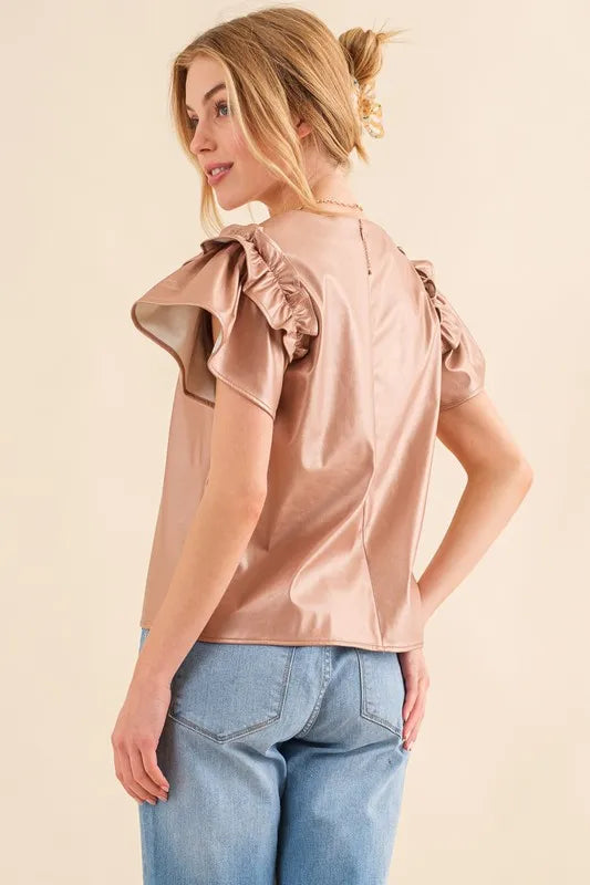 And The Why Faux Leather Ruffle Sleeves V Neck Top OutfitFlow
