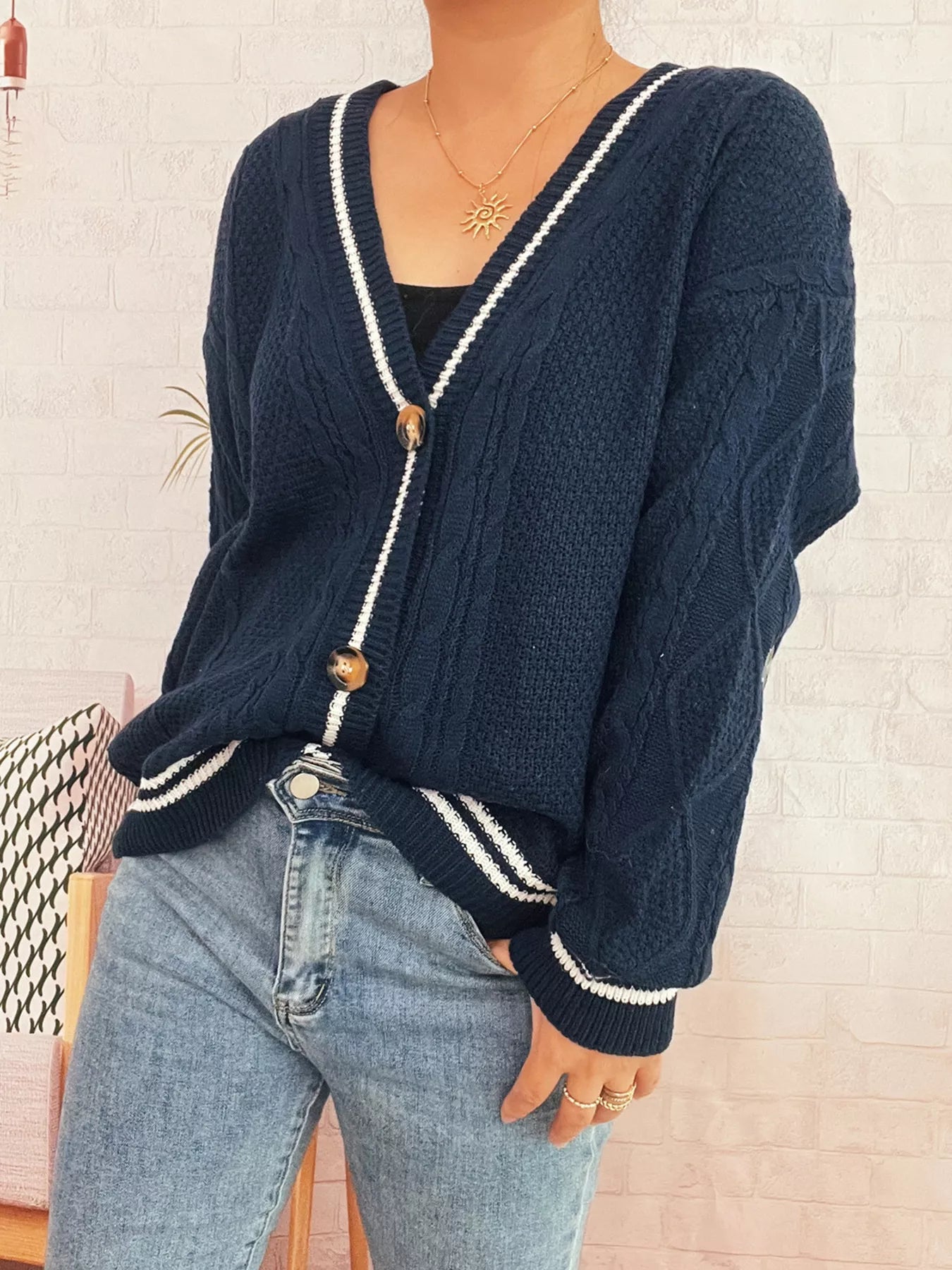 Star Pattern Button-Up Cardigan with Contrast Trim OutfitFlow