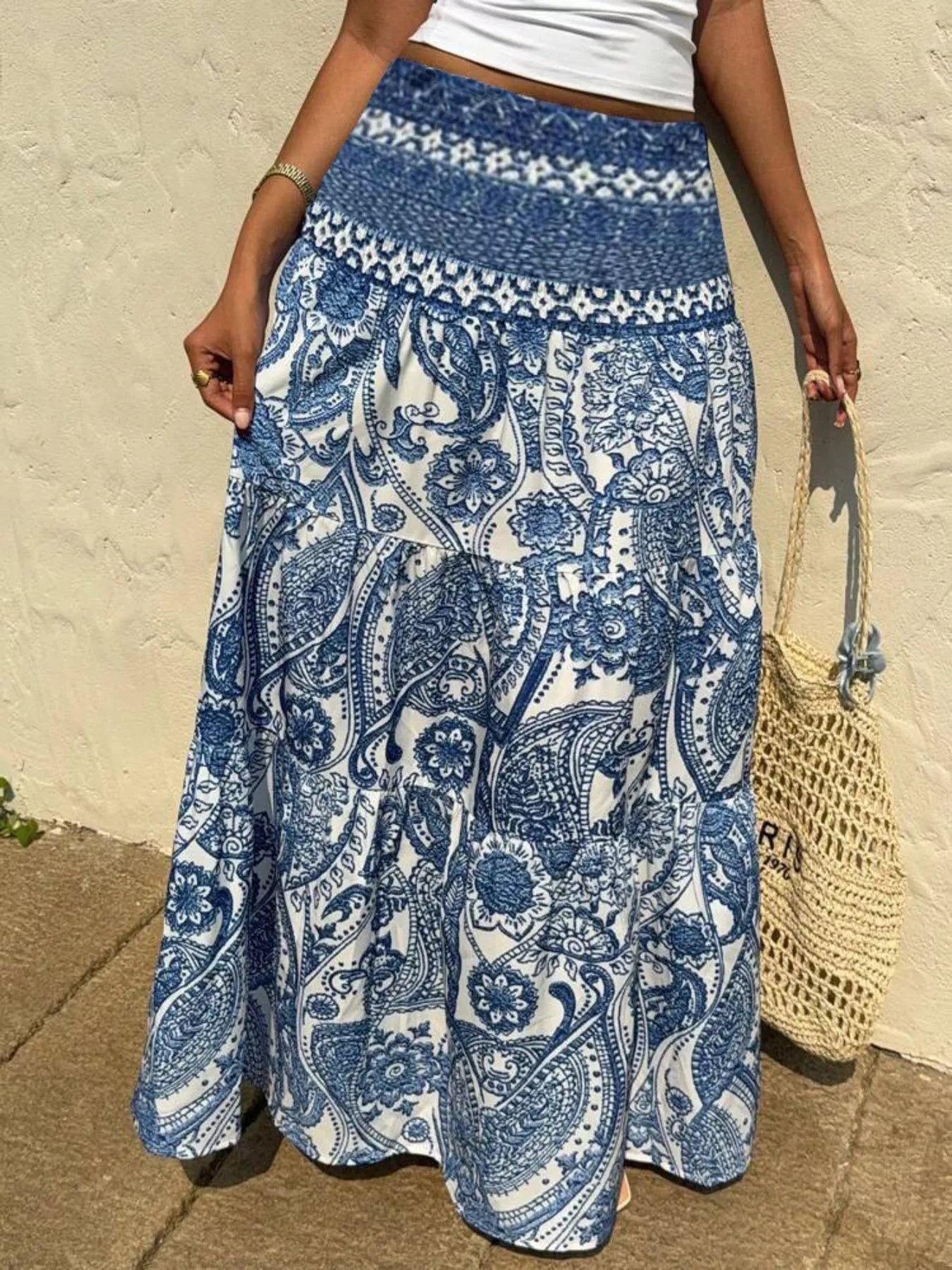 Printed High Waist Maxi Skirt Light Blue OutfitFlow
