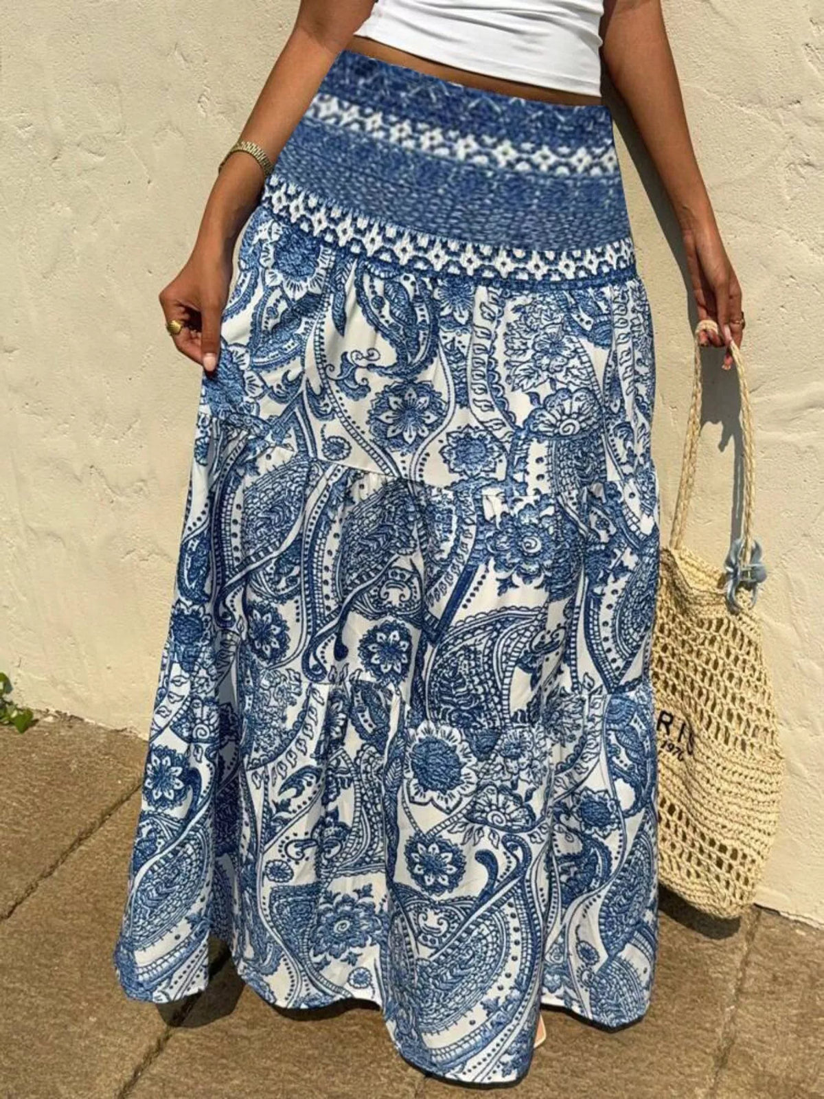 Printed High Waist Maxi Skirt Light Blue OutfitFlow