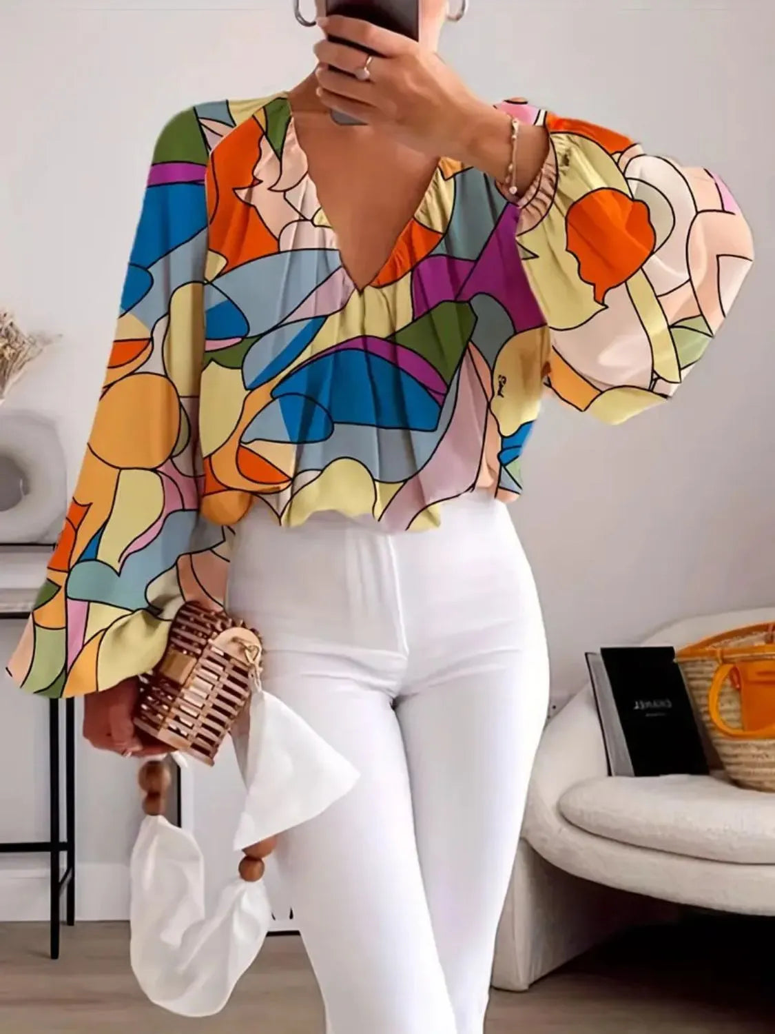 Printed V-Neck Long Sleeve Blouse Multicolor OutfitFlow
