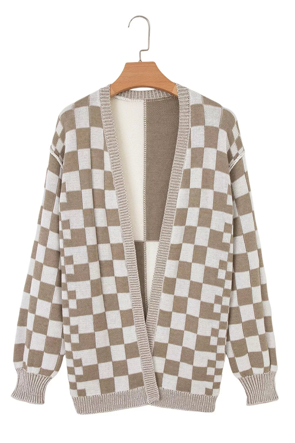 Checkerboard Print Open Front Knit Cardigan OutfitFlow