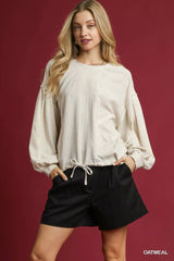 Umgee Linen Long Sleeve Top with Drawstring OATMEAL Trendsi