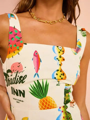 Printed Square Neck Summer Mini Dress OutfitFlow