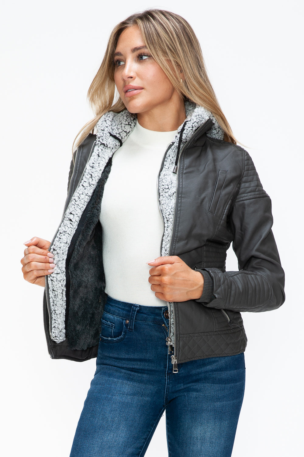 Outfit Flow - YMI Faux Layered Double-Zipper Jacket with Fuzzy Hood