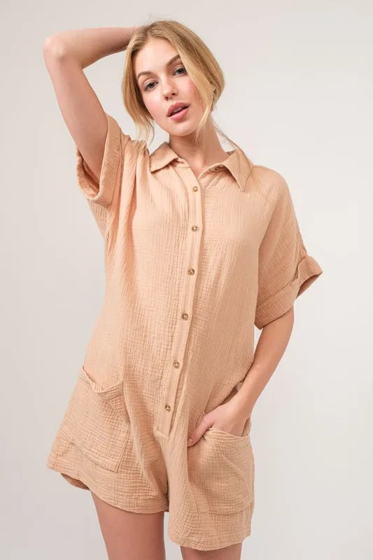 And The Why Washed Gauze Roll-up Sleeve Comfort Utility Romper OutfitFlow