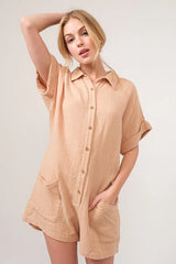 And The Why Washed Gauze Roll-up Sleeve Comfort Utility Romper OutfitFlow