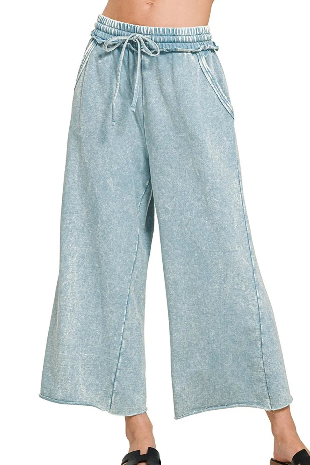 Zenana Washed French Terry Palazzo With Pockets BLUE GREY OutfitFlow
