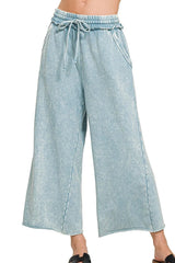 Zenana Washed French Terry Palazzo With Pockets BLUE GREY OutfitFlow