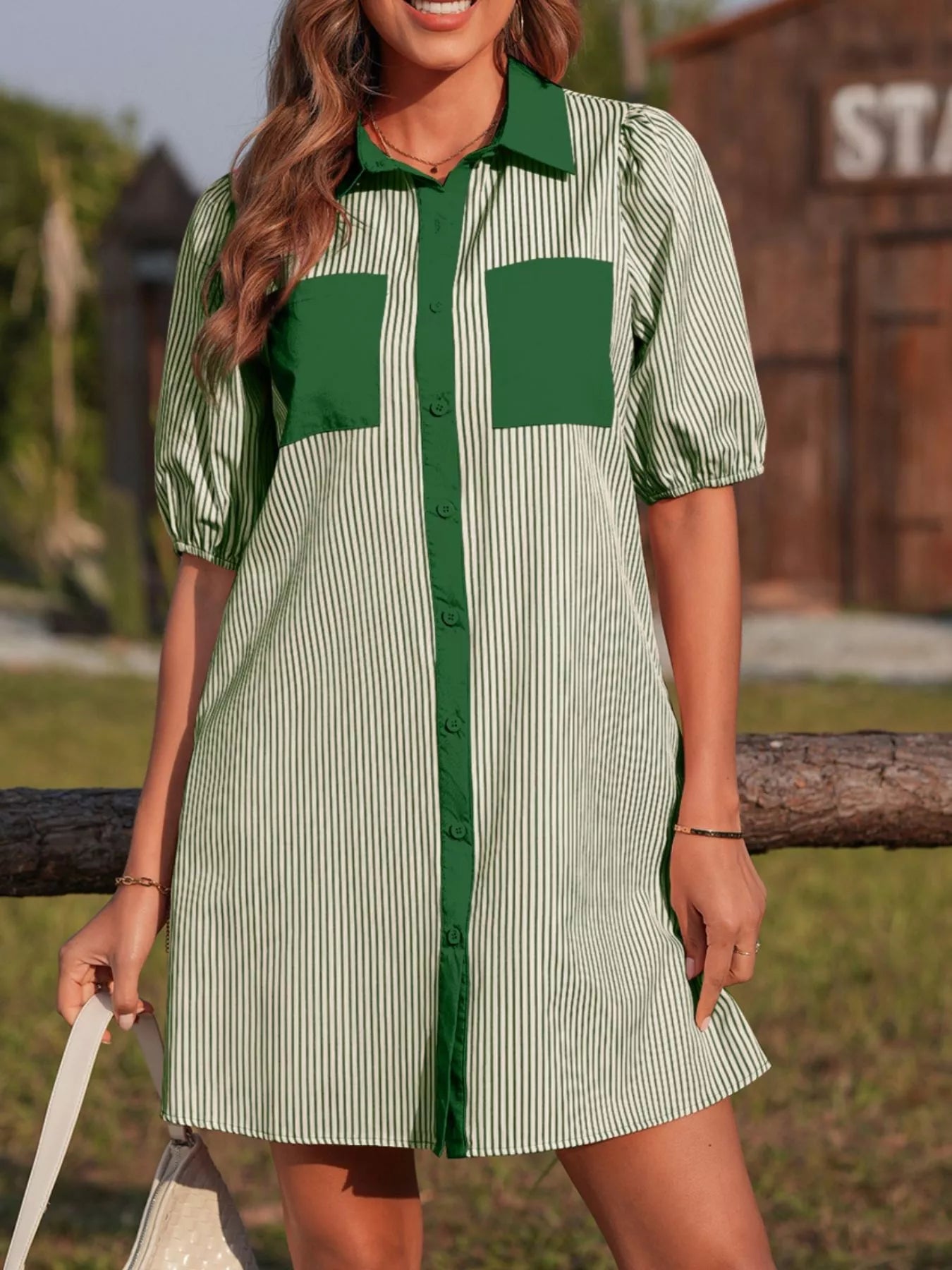 Stripe Color Block Patchwork Shirt Collar Button Down Puff Sleeve Mini Dress Green Trendsi