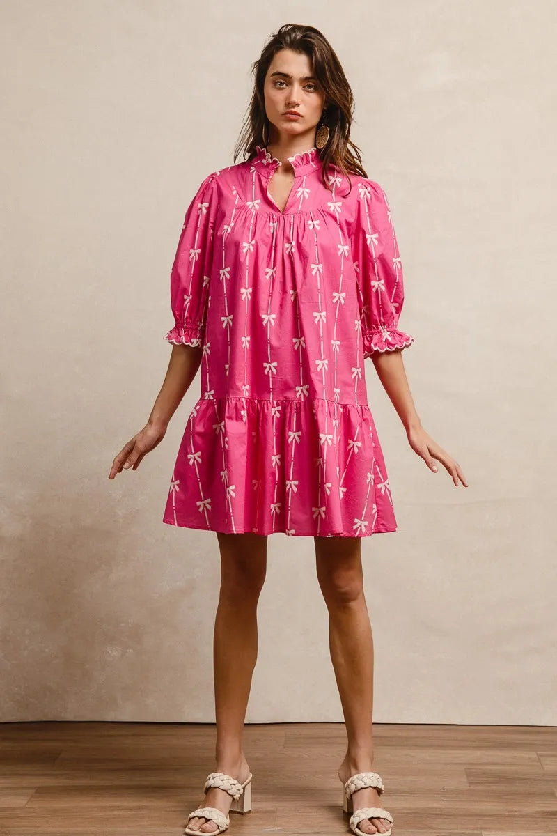 BiBi Ribbon Patterns With Scallops Edge Details Short Sleeve Dress OutfitFlow