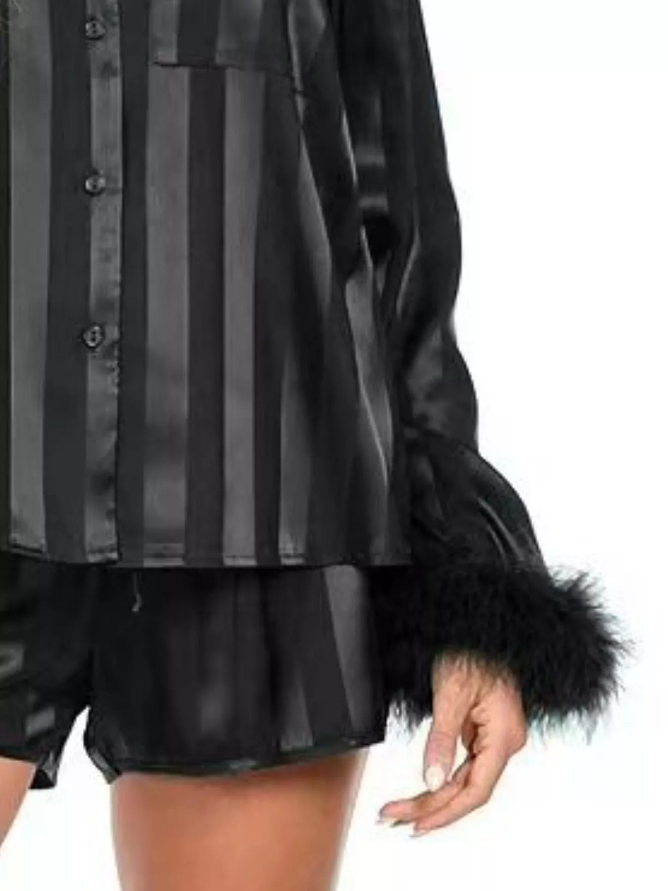 Striped Feather Trim Shirt and Shorts Lounge Set OutfitFlow