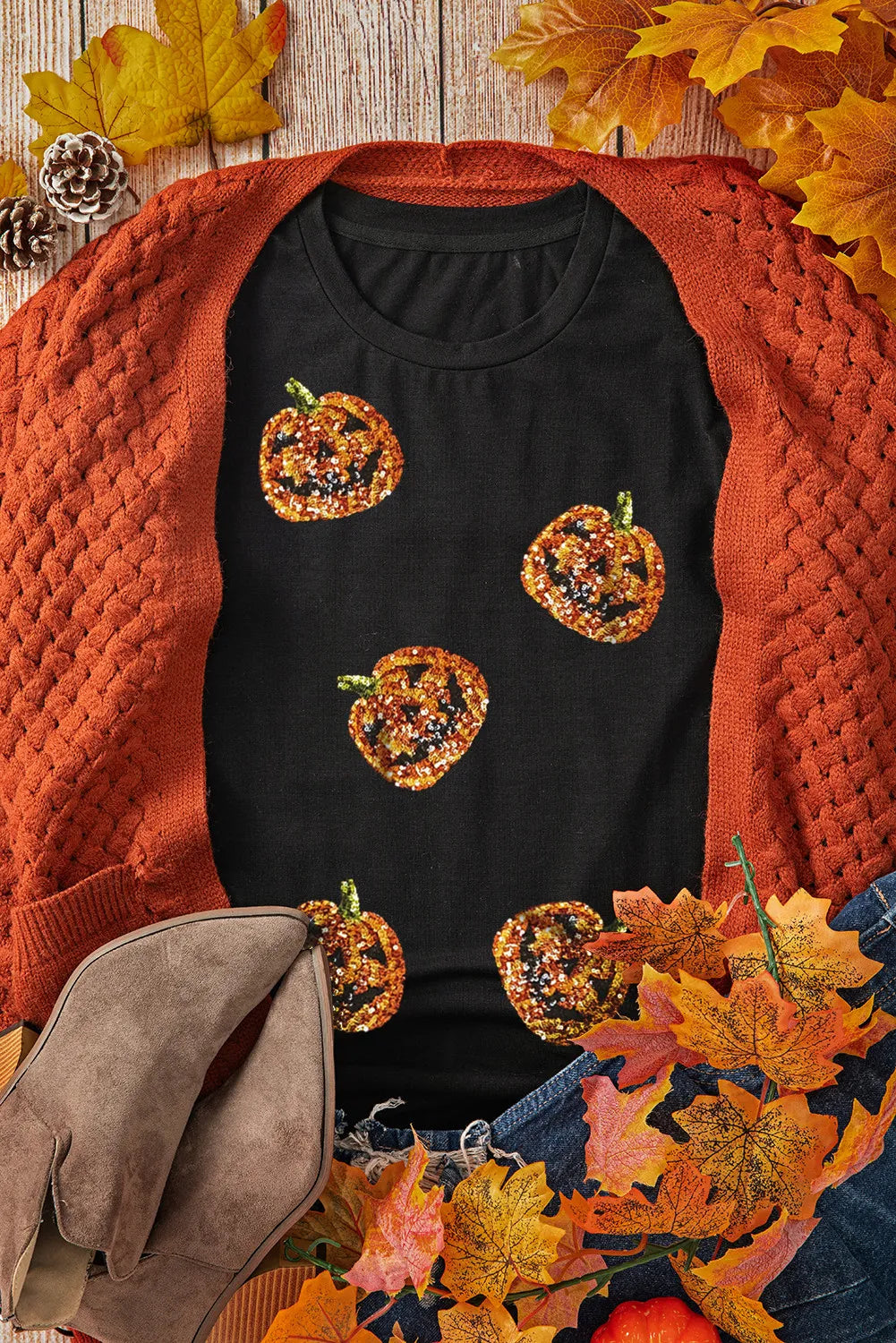 Sequin Pumpkin Round Neck Short Sleeve T-Shirt OutfitFlow