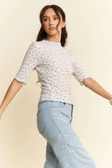 Davi & Dani Lace Stretch Floral Marrow Edge Half Sleeve Top OutfitFlow