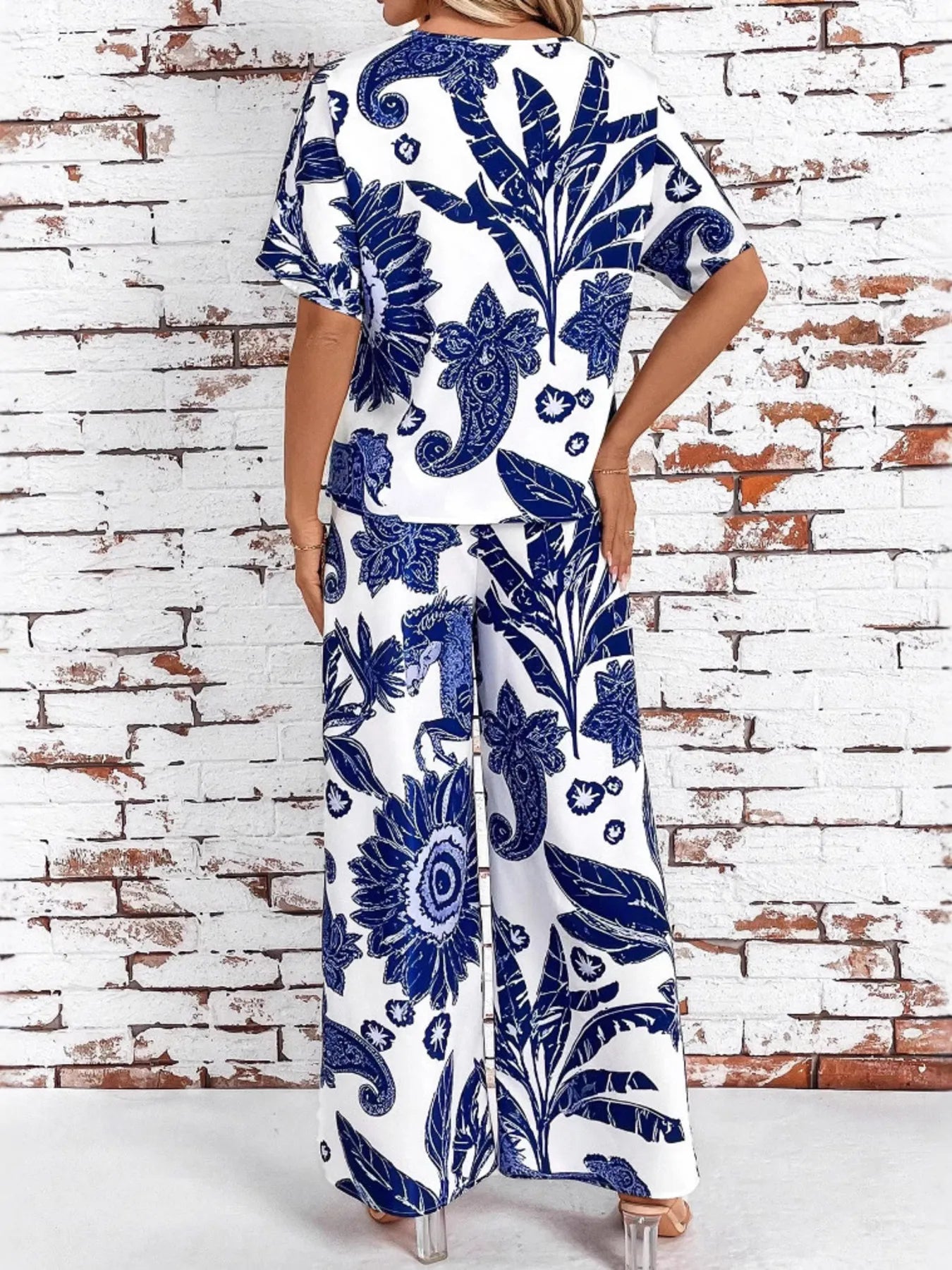 Printed V-Neck Top and Wide Leg Pants Set OutfitFlow