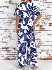 Printed V-Neck Top and Wide Leg Pants Set OutfitFlow