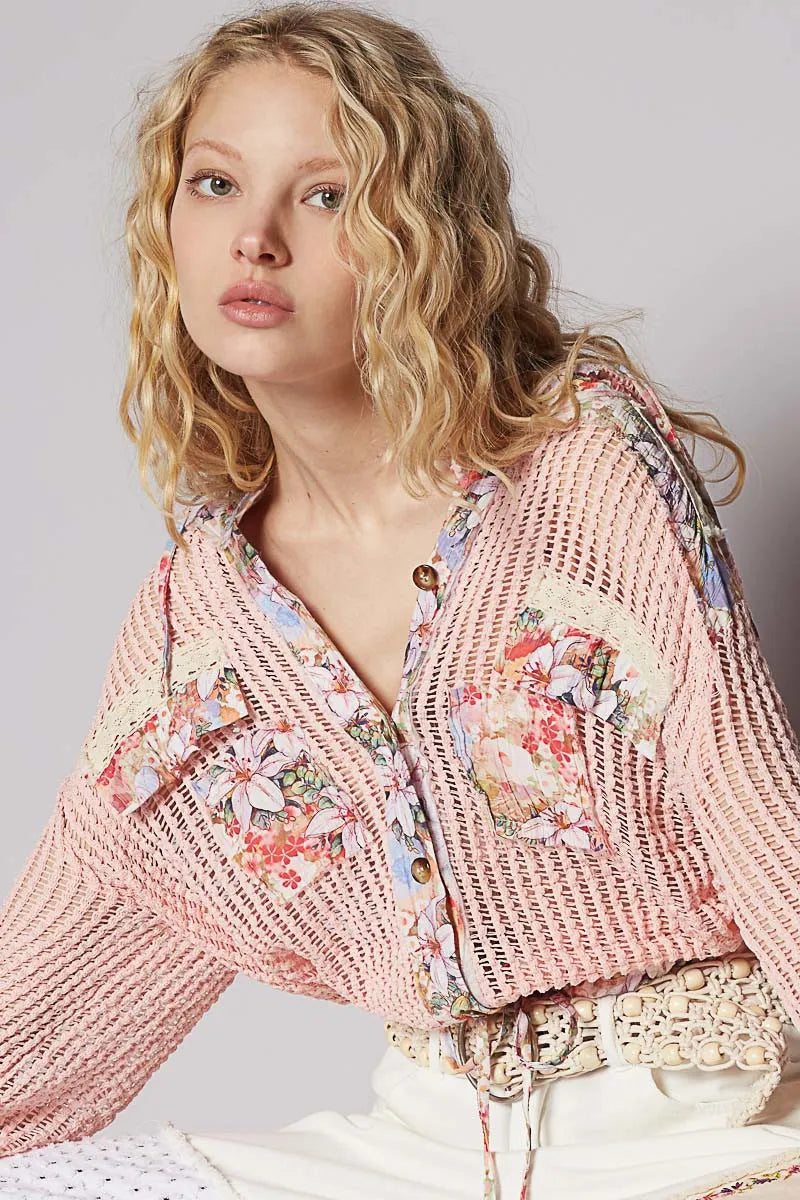 POL Vintage Washed Crochet Hoodie Jacket With Patchwork OutfitFlow