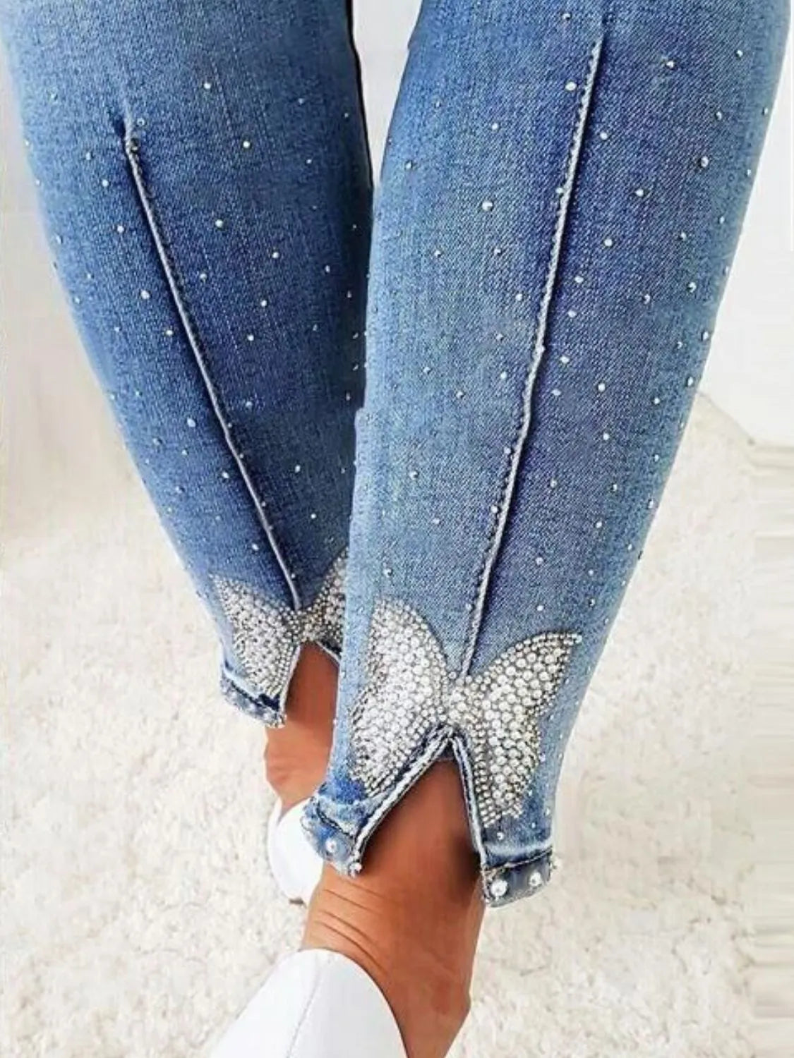 Rhinestone Butterfly Jeans with Pockets OutfitFlow