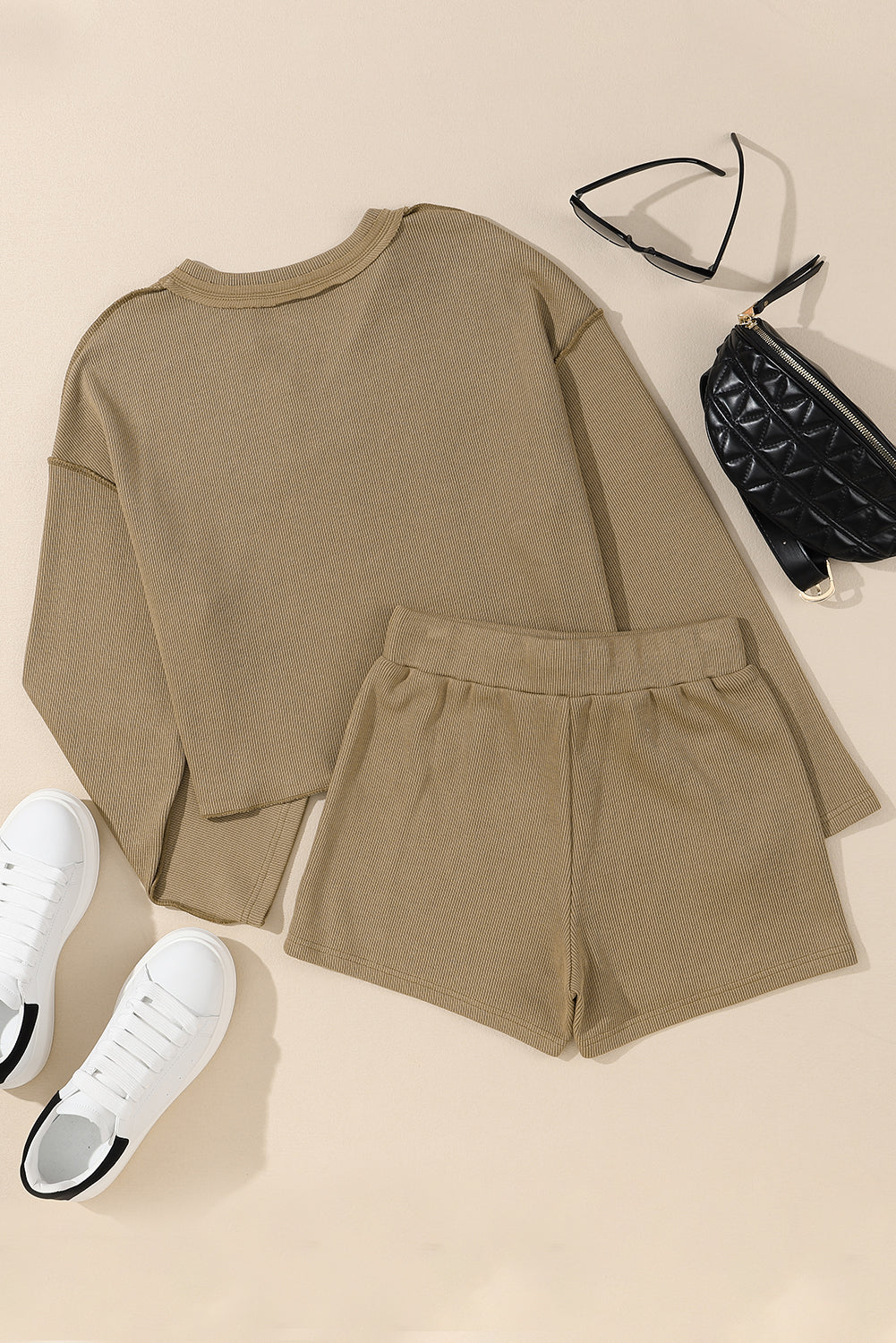 Outfit Flow - Exposed Seam Long Sleeve Top and Drawstring Shorts Set