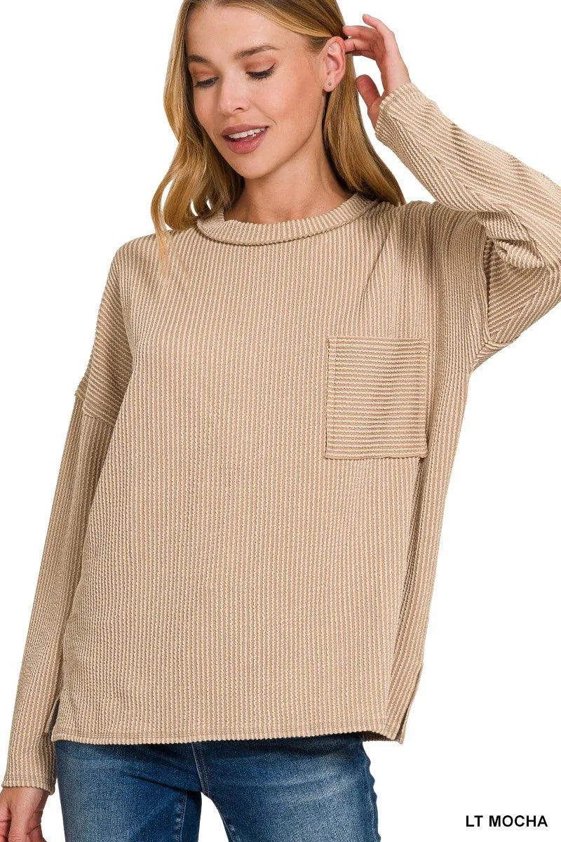 Zenana Long Sleeve Drop Shoulder Rib Top Trendsi