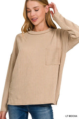 Zenana Long Sleeve Drop Shoulder Rib Top Trendsi