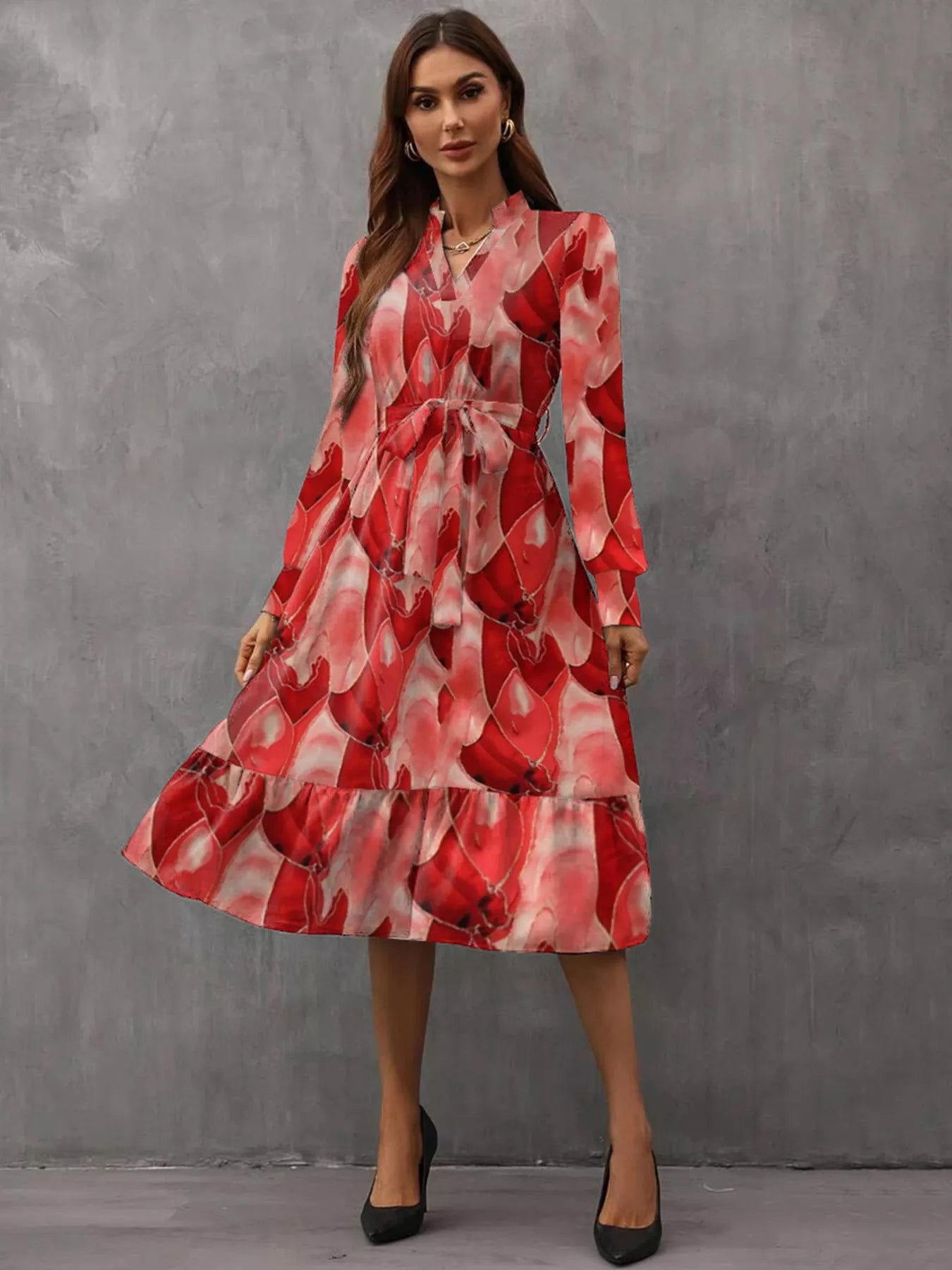 Notched Tie Waist Long Sleeve Dress OutfitFlow