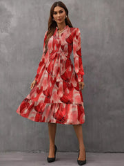 Notched Tie Waist Long Sleeve Dress OutfitFlow