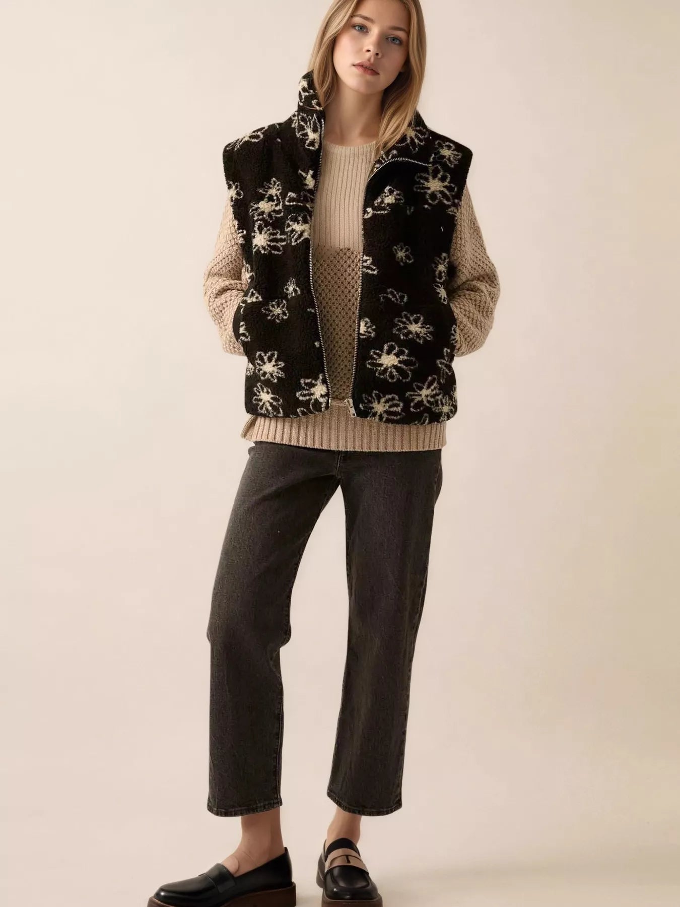 Zip Up Vest Coat with Pockets Black Trendsi