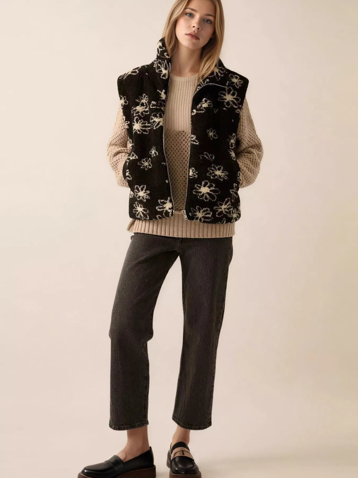 Zip Up Vest Coat with Pockets Black Trendsi