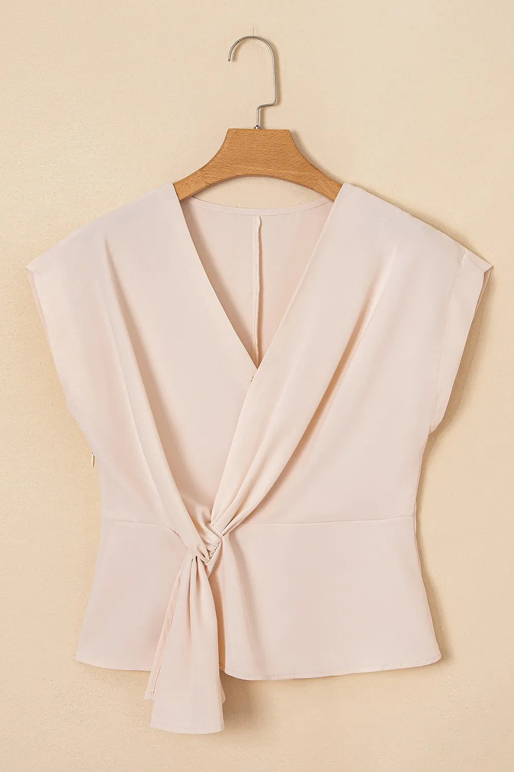 Surplice Knotted Ruched Cap Sleeve Blouse OutfitFlow