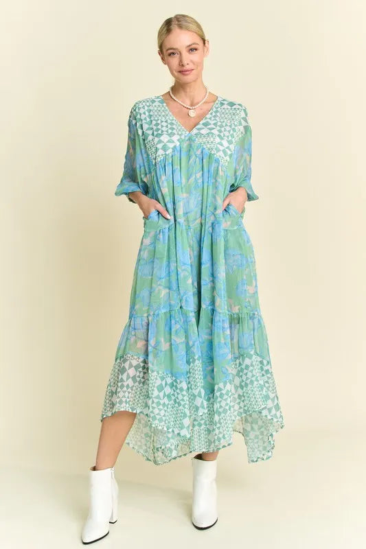 Davi & Dani Geo and Floral Print Mixed Tiered Dress OutfitFlow