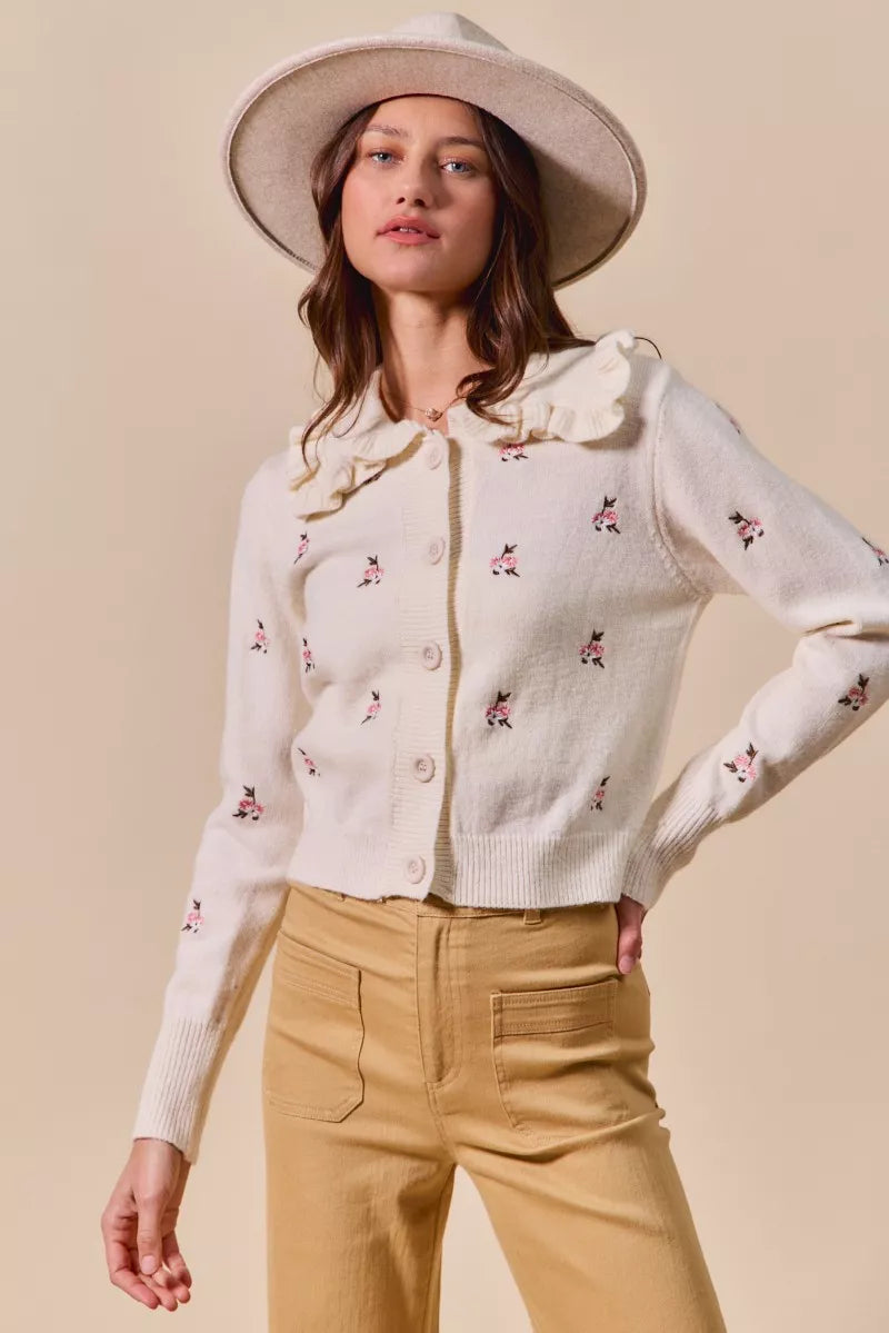 SO ME Collared Floral Embroidered Button Down Sweater Cardigan OutfitFlow