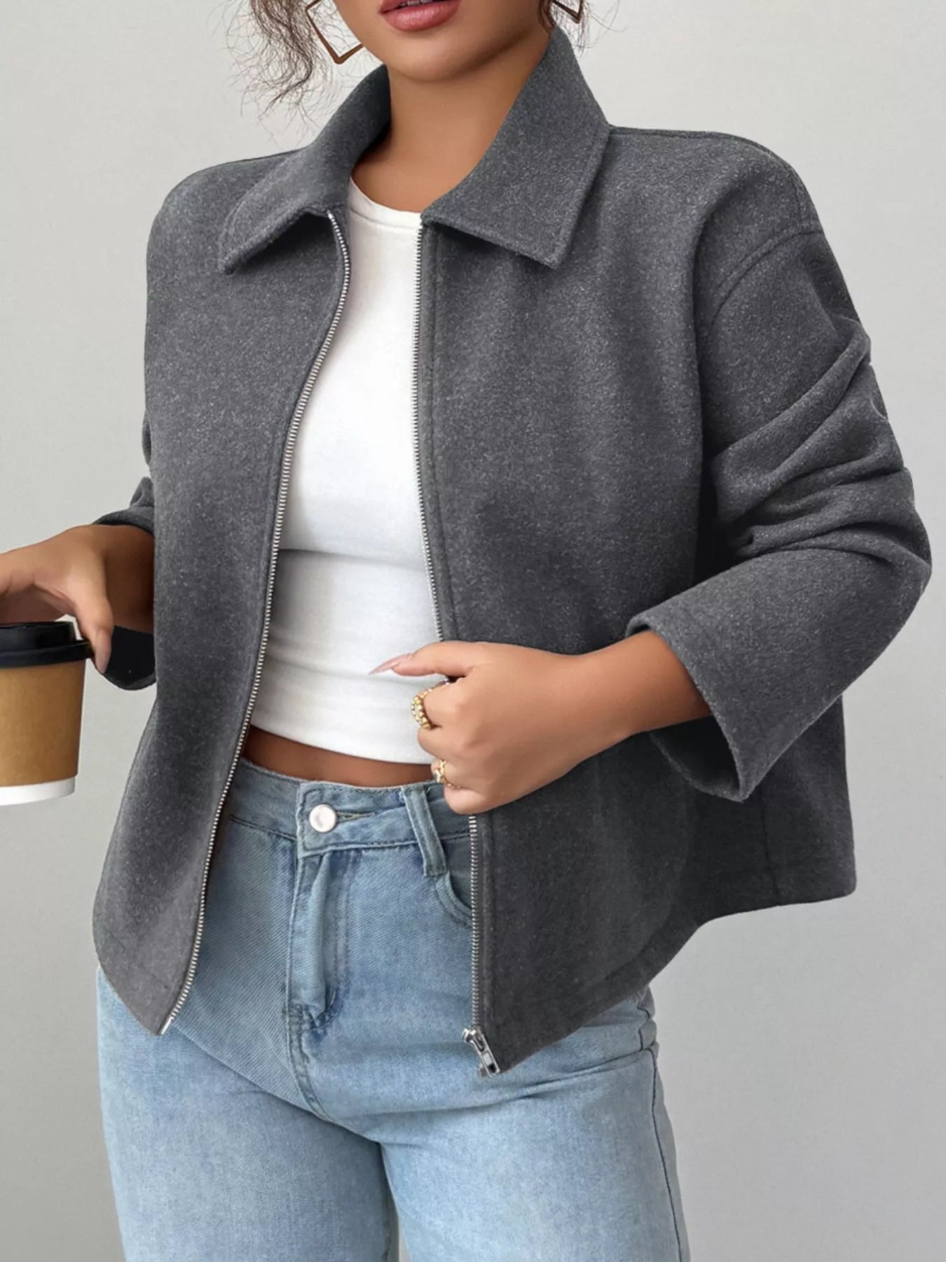 Casual Zip-Up Long Sleeve Jacket Gray Trendsi